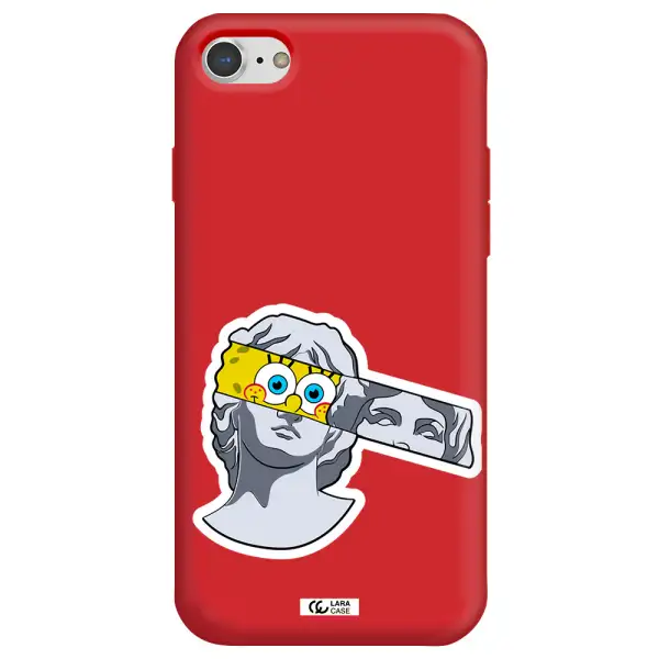a cartoon of a statue with a yellow spongebob over its eyes Apple iPhone 7 Silicone Imperial Red Case