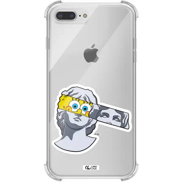 a cartoon of a statue with a yellow spongebob over its eyes Apple iPhone 8 plus Clear PC Case