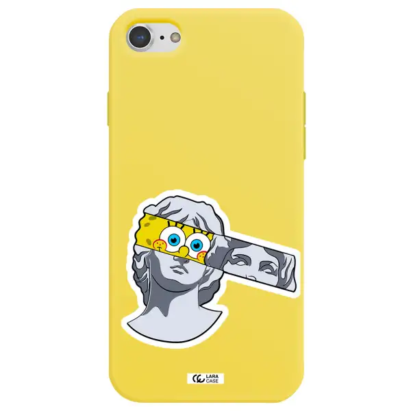 a cartoon of a statue with a yellow spongebob over its eyes Apple iPhone 8 Silicone canary yellow Case