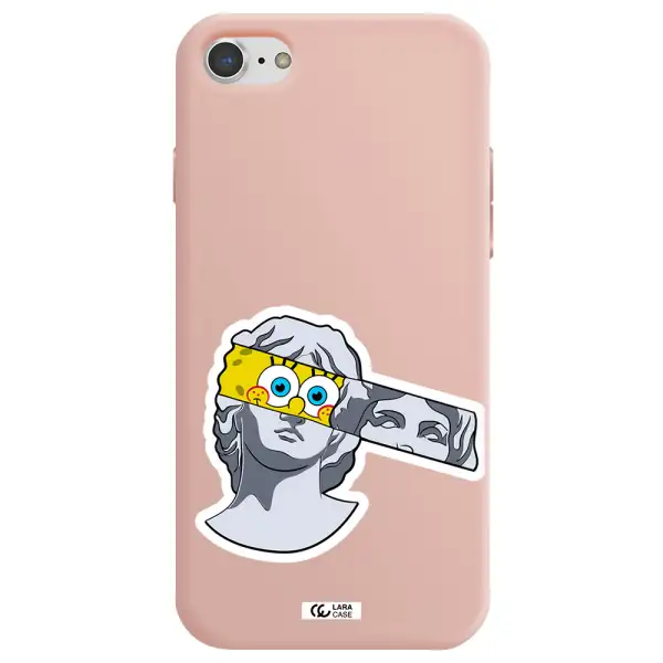 a cartoon of a statue with a yellow spongebob over its eyes Apple iPhone 8 Silicone pastel pink Case