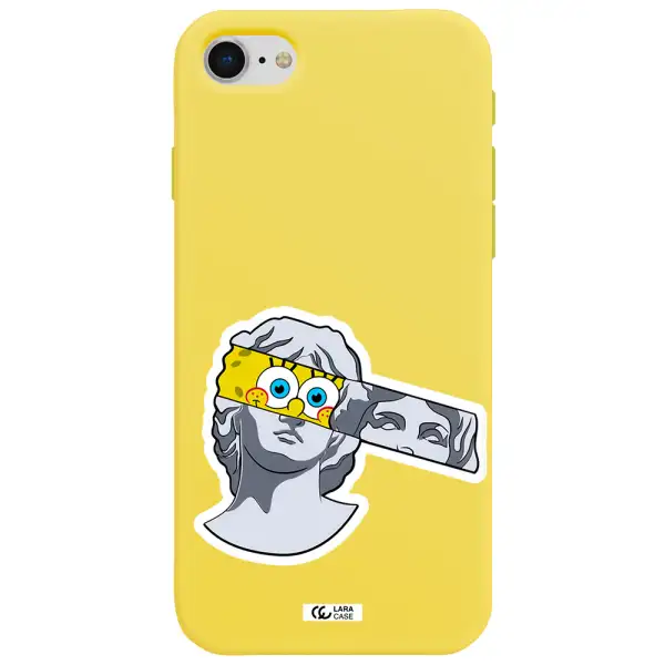 a cartoon of a statue with a yellow spongebob over its eyes Apple iPhone se 2020 Silicone canary yellow Case