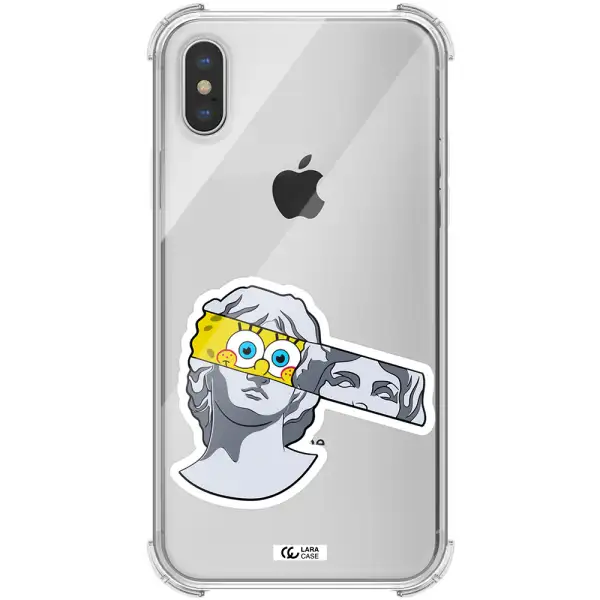 a cartoon of a statue with a yellow spongebob over its eyes Apple iPhone X Clear PC Case