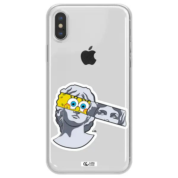 a cartoon of a statue with a yellow spongebob over its eyes Apple iPhone X Clear TPU Case