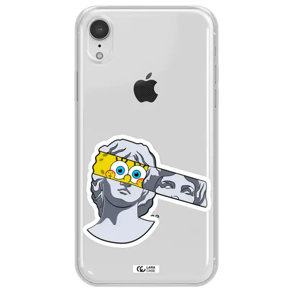 a cartoon of a statue with a yellow spongebob over its eyes Apple iPhone XR Clear TPU Case