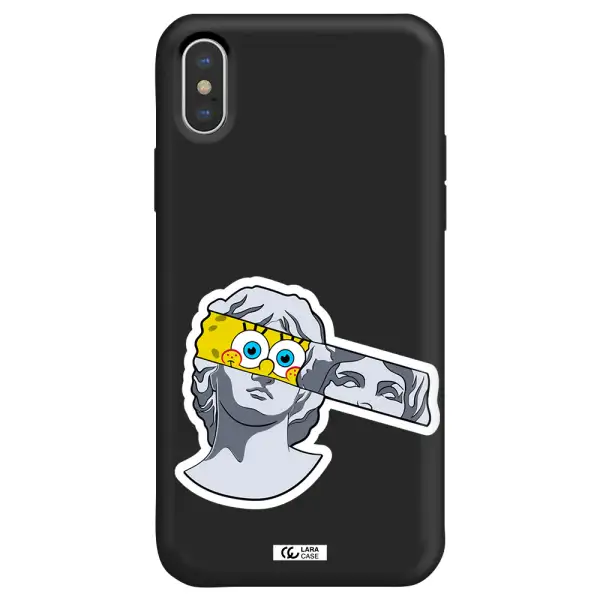 a cartoon of a statue with a yellow spongebob over its eyes Apple iPhone XS Silicone black Case