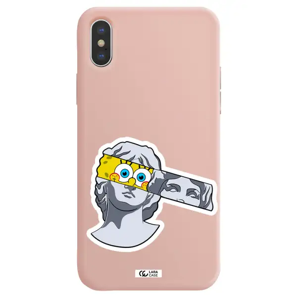 a cartoon of a statue with a yellow spongebob over its eyes Apple iPhone XS Silicone pastel pink Case