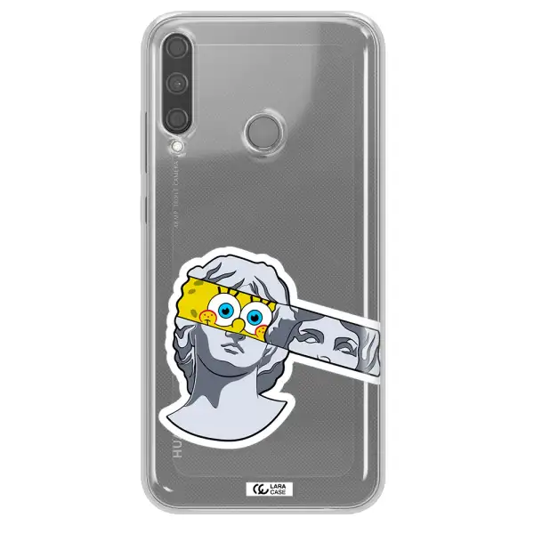a cartoon of a statue with a yellow spongebob over its eyes Huawei P40 Lite E Clear TPU Case