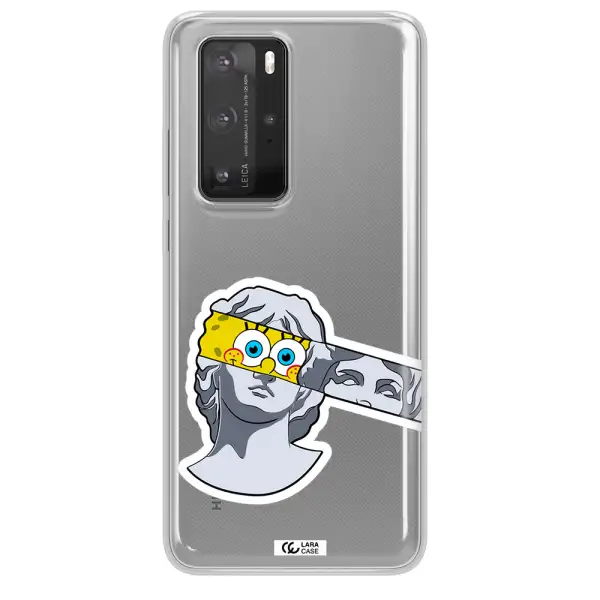 a cartoon of a statue with a yellow spongebob over its eyes Huawei P40 Pro Clear TPU Case