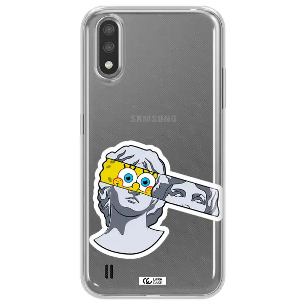 a cartoon of a statue with a yellow spongebob over its eyes Samsung A01 Clear TPU Case