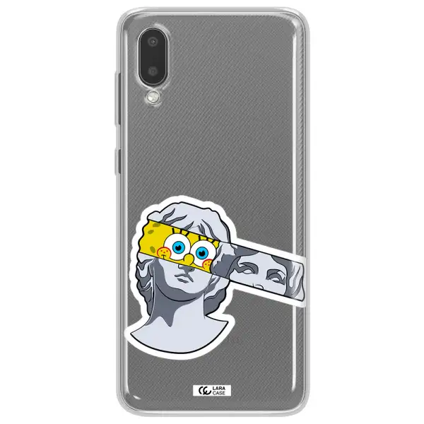 a cartoon of a statue with a yellow spongebob over its eyes Samsung A02 Clear TPU Case