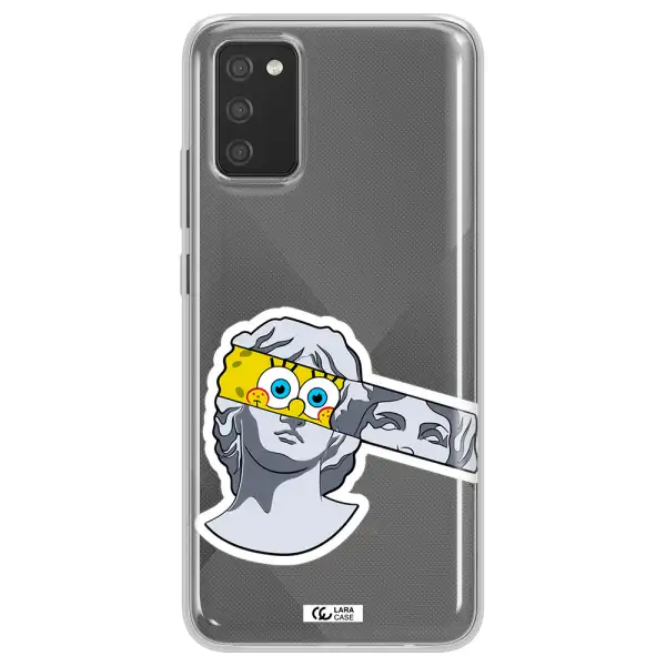 a cartoon of a statue with a yellow spongebob over its eyes Samsung A02S Clear TPU Case