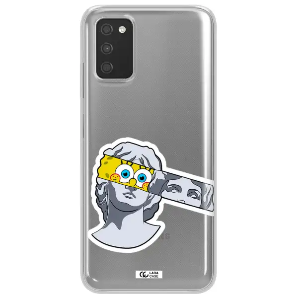 a cartoon of a statue with a yellow spongebob over its eyes Samsung A03S Clear TPU Case