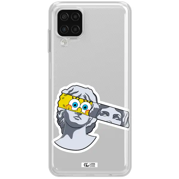 a cartoon of a statue with a yellow spongebob over its eyes Samsung A12 4g Clear TPU Case