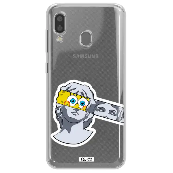 a cartoon of a statue with a yellow spongebob over its eyes Samsung A20 Clear TPU Case