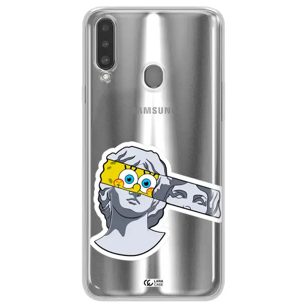 a cartoon of a statue with a yellow spongebob over its eyes Samsung A20S Clear TPU Case
