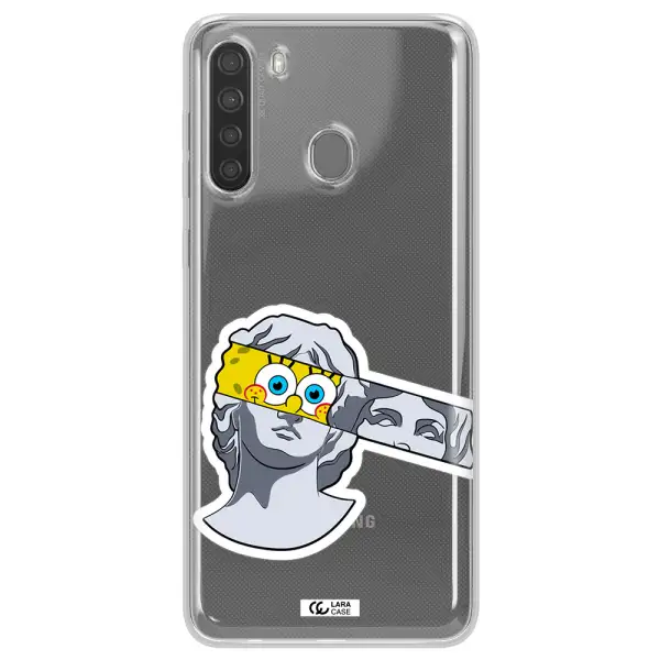 a cartoon of a statue with a yellow spongebob over its eyes Samsung A21 Clear TPU Case