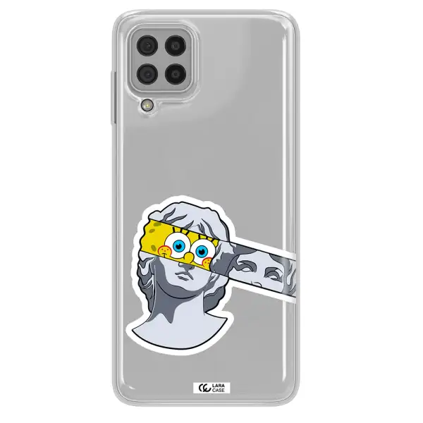 a cartoon of a statue with a yellow spongebob over its eyes Samsung A22 4g Clear TPU Case