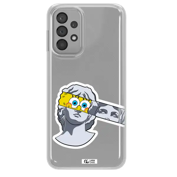 a cartoon of a statue with a yellow spongebob over its eyes Samsung A23 Clear TPU Case