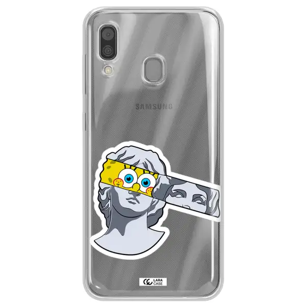 a cartoon of a statue with a yellow spongebob over its eyes Samsung A30 Clear TPU Case