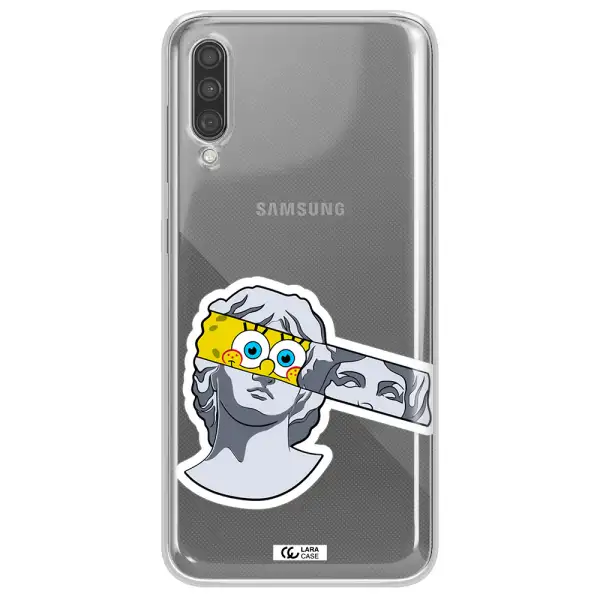 a cartoon of a statue with a yellow spongebob over its eyes Samsung A30S Clear TPU Case