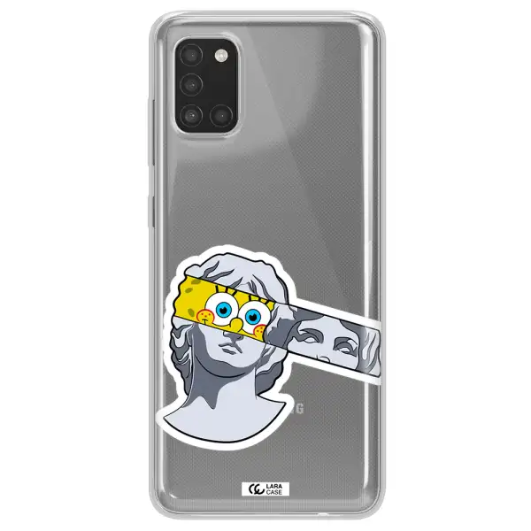 a cartoon of a statue with a yellow spongebob over its eyes Samsung A31 Clear TPU Case