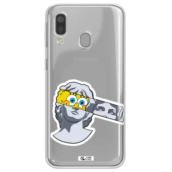 a cartoon of a statue with a yellow spongebob over its eyes Samsung A40 Clear TPU Case