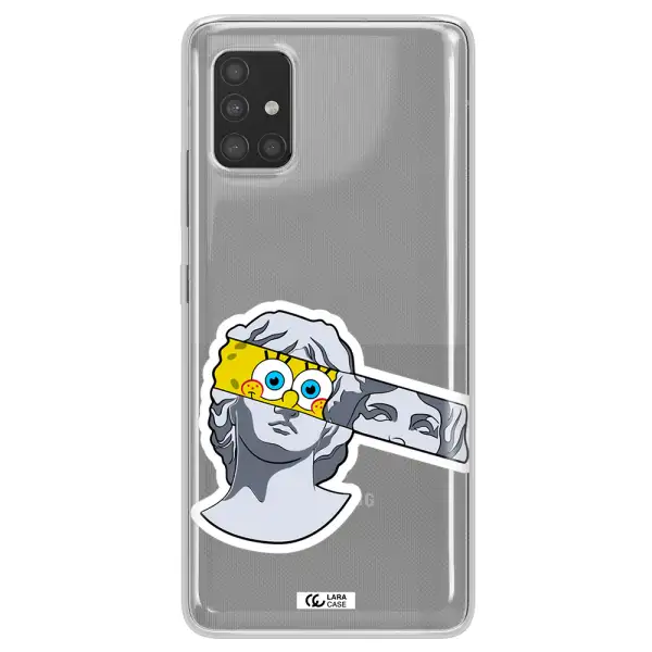 a cartoon of a statue with a yellow spongebob over its eyes Samsung A51 Clear TPU Case