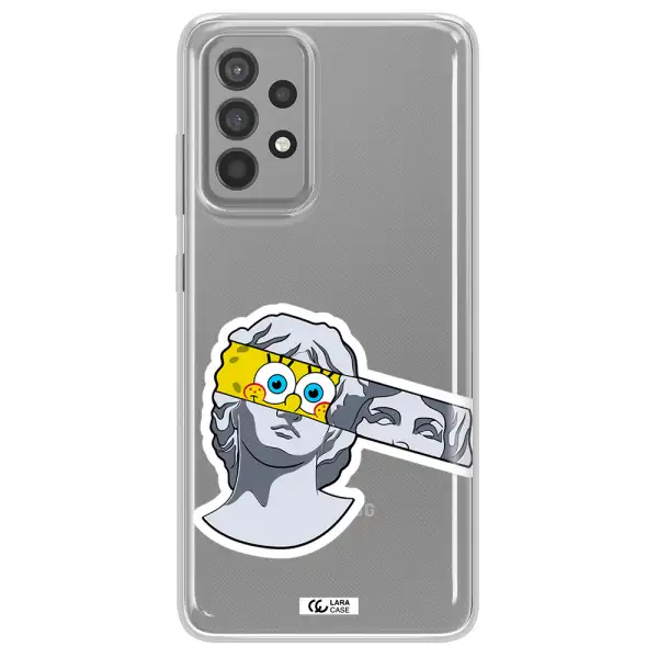 a cartoon of a statue with a yellow spongebob over its eyes Samsung A52 Clear TPU Case