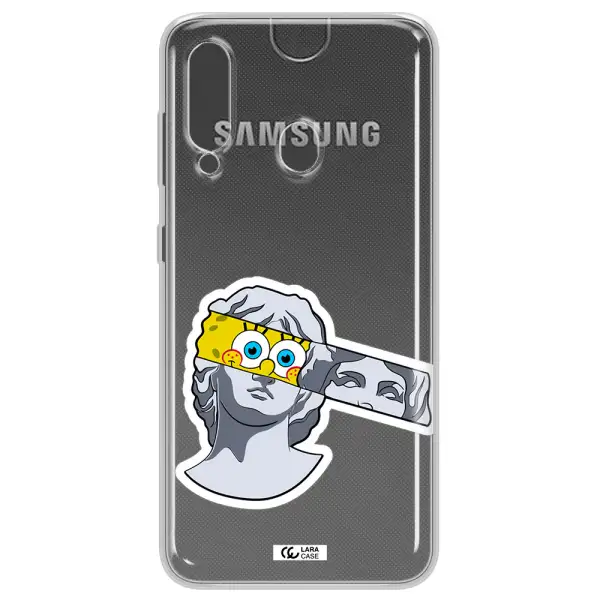 a cartoon of a statue with a yellow spongebob over its eyes Samsung A60 Clear TPU Case