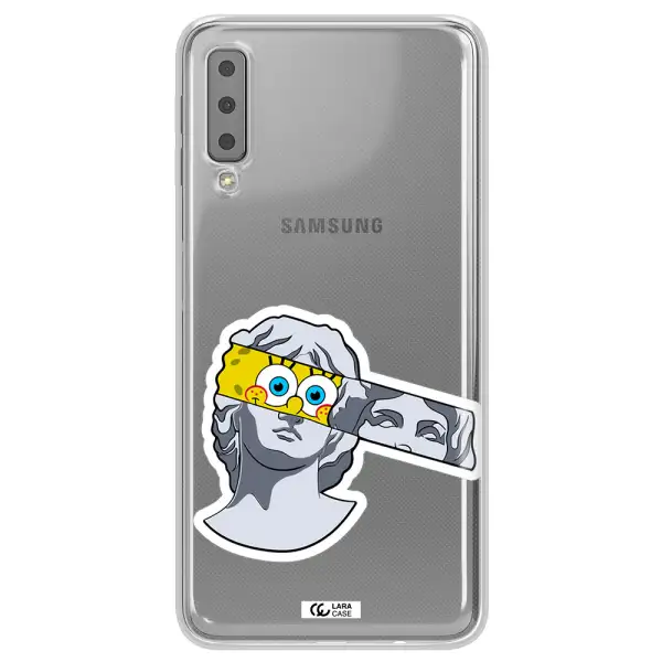a cartoon of a statue with a yellow spongebob over its eyes Samsung A7 2018 Clear TPU Case