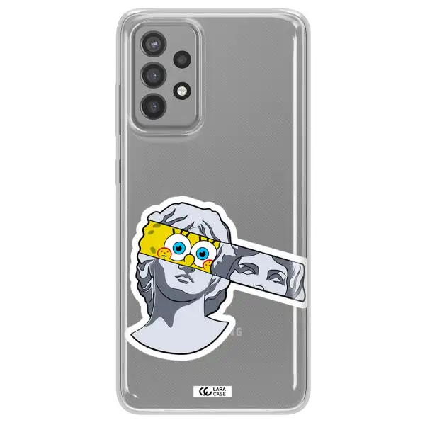 a cartoon of a statue with a yellow spongebob over its eyes Samsung A72 Clear TPU Case