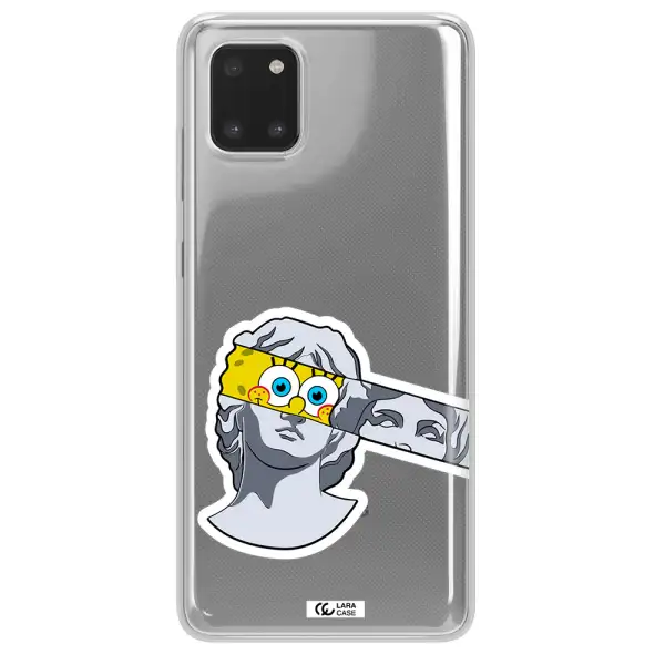 a cartoon of a statue with a yellow spongebob over its eyes Samsung A81 Clear TPU Case