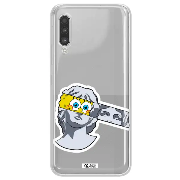 a cartoon of a statue with a yellow spongebob over its eyes Samsung A90 Clear TPU Case