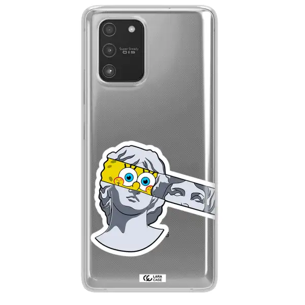 a cartoon of a statue with a yellow spongebob over its eyes Samsung A91 Clear TPU Case