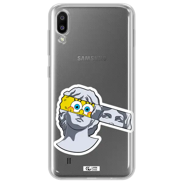 a cartoon of a statue with a yellow spongebob over its eyes Samsung M10 Clear TPU Case