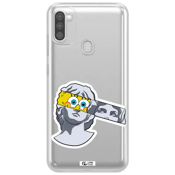 a cartoon of a statue with a yellow spongebob over its eyes Samsung M11 Clear TPU Case