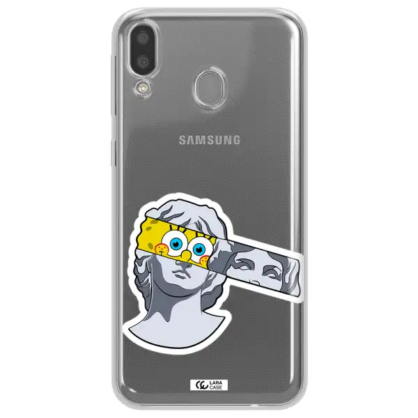 a cartoon of a statue with a yellow spongebob over its eyes Samsung M20 Clear TPU Case