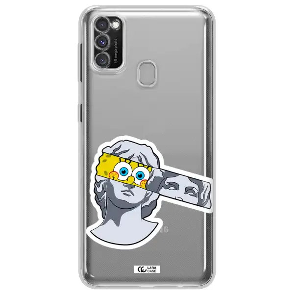 a cartoon of a statue with a yellow spongebob over its eyes Samsung M30S Clear TPU Case