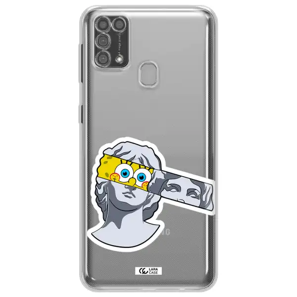 a cartoon of a statue with a yellow spongebob over its eyes Samsung M31 Clear TPU Case
