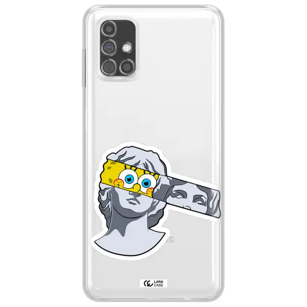 a cartoon of a statue with a yellow spongebob over its eyes Samsung M31S Clear TPU Case