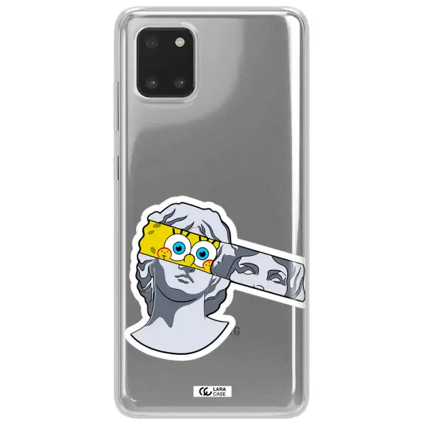 a cartoon of a statue with a yellow spongebob over its eyes Samsung Note 10 Lite Clear TPU Case