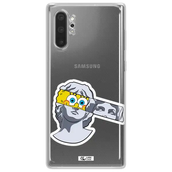 a cartoon of a statue with a yellow spongebob over its eyes Samsung Note 10 Plus Clear TPU Case