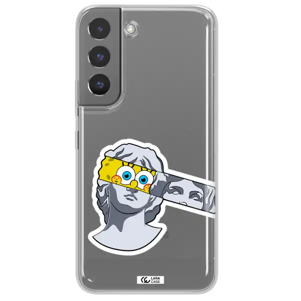a cartoon of a statue with a yellow spongebob over its eyes Samsung S 22 Clear TPU Case