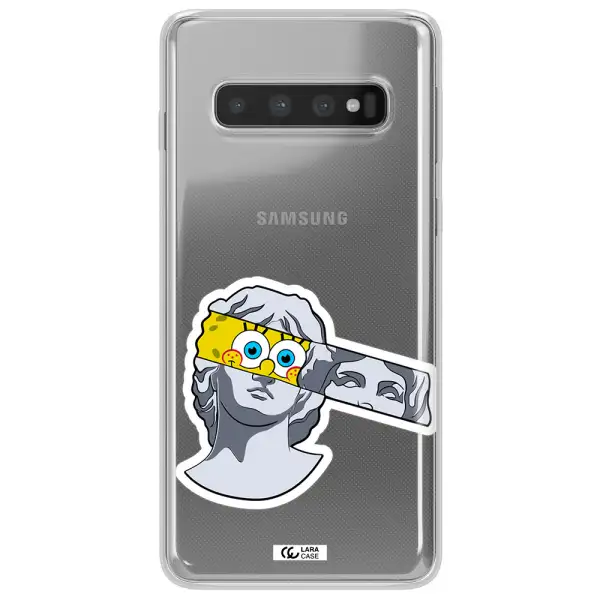 a cartoon of a statue with a yellow spongebob over its eyes Samsung S10 Clear TPU Case