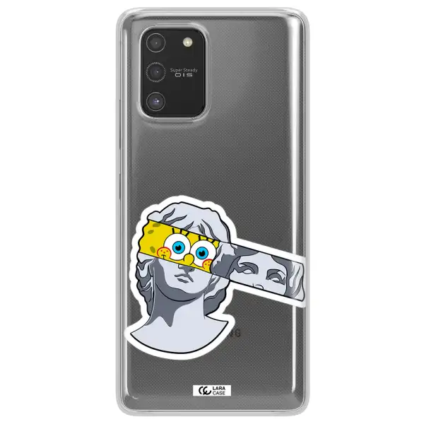 a cartoon of a statue with a yellow spongebob over its eyes Samsung S10 Lite Clear TPU Case