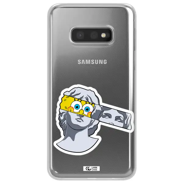 a cartoon of a statue with a yellow spongebob over its eyes Samsung S10e Clear TPU Case