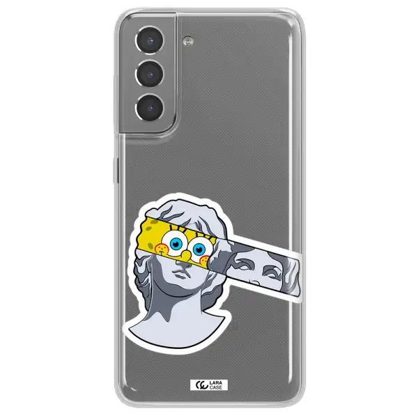 a cartoon of a statue with a yellow spongebob over its eyes Samsung S21 Plus Clear TPU Case