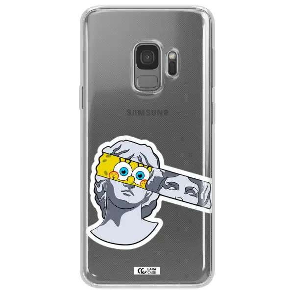 a cartoon of a statue with a yellow spongebob over its eyes Samsung S9 Clear TPU Case