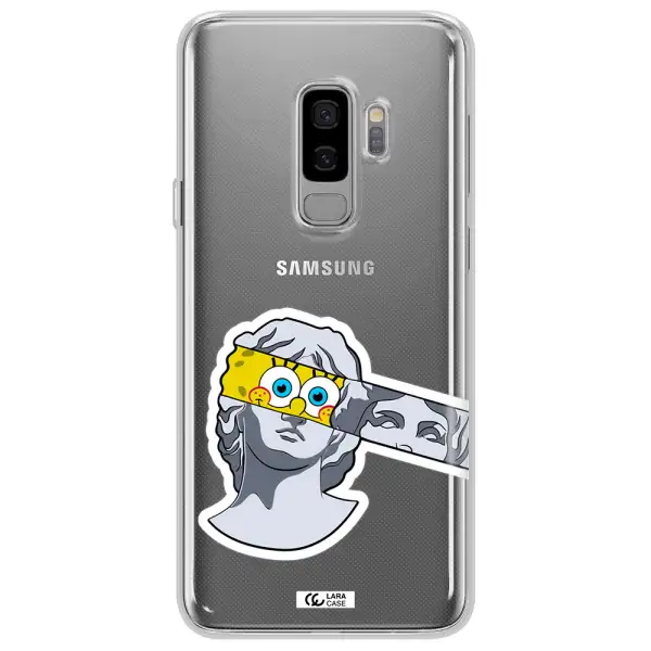 a cartoon of a statue with a yellow spongebob over its eyes Samsung S9 Plus Clear TPU Case