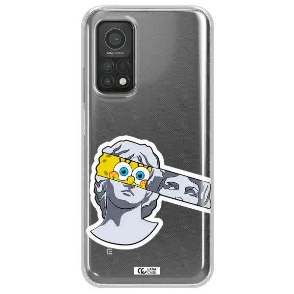 a cartoon of a statue with a yellow spongebob over its eyes Xiaomi Mi 10T Clear TPU Case